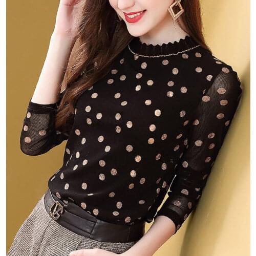 Fashion Polka-dot Bottoming Shirt Womens New Long-sleeved T-shirt Top Mesh Slim Spring 2021 Blusas Plus Size 4XL