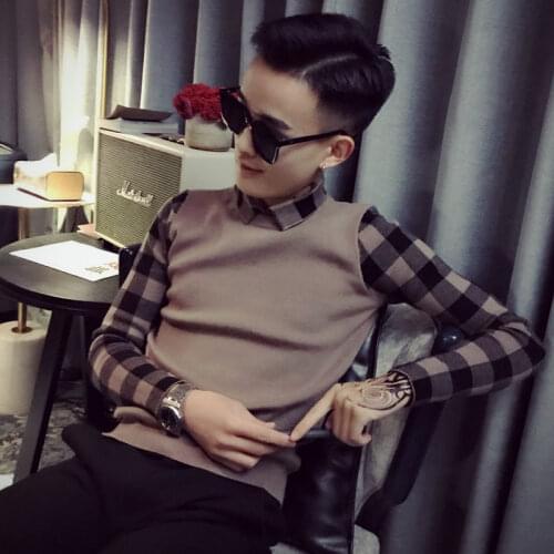 Fake Two Sweaters Mens Social Spirit Guys T-shirt Collar Winter Undergarment