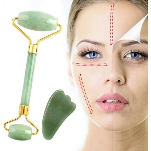 2pcs Facial Massager Roller Natural Jade Stone Guasha Board Scraper Set Face Lift Skin Relaxation Slimming Beauty Neck Thin Lift
