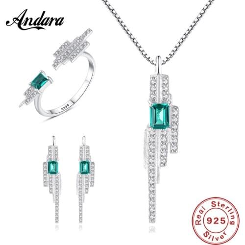 New 100% 925 Sterling Silver Jewelry Set Classic Geometric Green Gem Earrings Necklace Rings Set High Quality