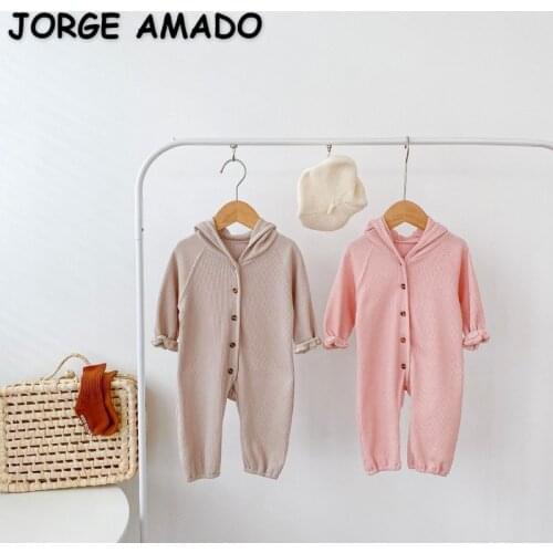 2021 New Autumn Baby Girls Boys Romper Bear Hooded Long Sleeve Single Breasted Jumpsuit Baby Clothing 0-2 Years E4010