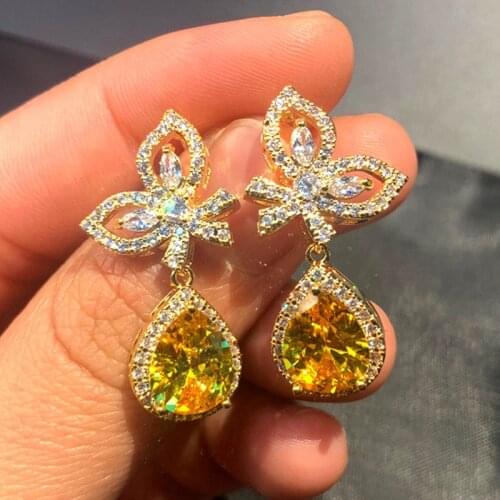 New Fashion Pear Shaped Water Drop Yellow Zircon Womens Earrings Trendy Womens Bow Earrings Jewelry