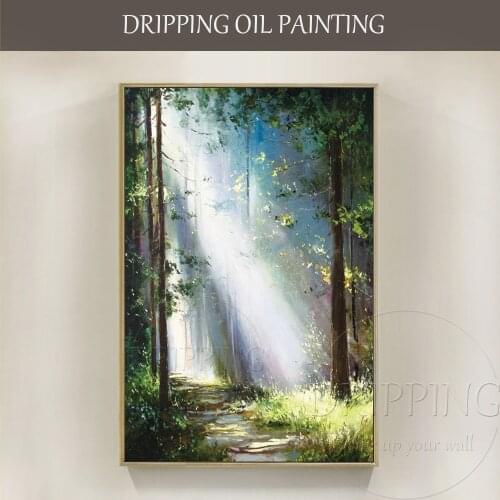 Excellent Artist Hand-painted High Quality Green Forest Oil Painting on Canvas Sunrise in Forest Oil Painting for Wall Decor