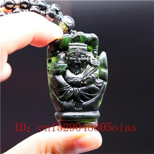 Natural Black Green Chinese Jade God of Wealth Pendant Necklace Charm Jewelry Obsidian Accessories Carved Amulet Gifts for Men