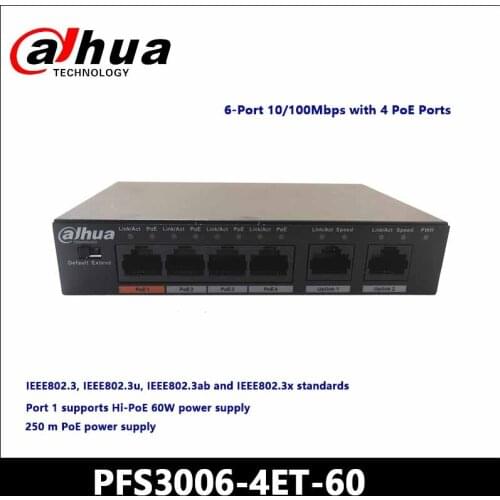 Dahua POE Switches PFS3006-4ET-60 4-Port Fast Ethernet PoE Switch Support 802.3af 802.3at POE POE+ Hi-PoE Camera Power