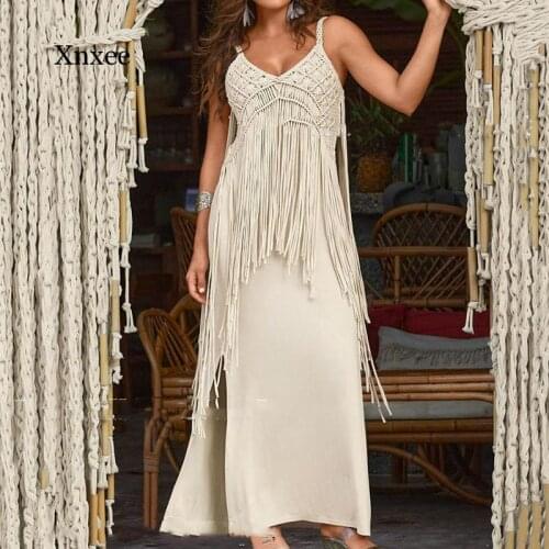 Sexy Tassel Long Dress Apricot Boho Women Summer Fashion Slim Fringed V-Neck A-Line Weaving Slit Dresses Plus Size Clothing