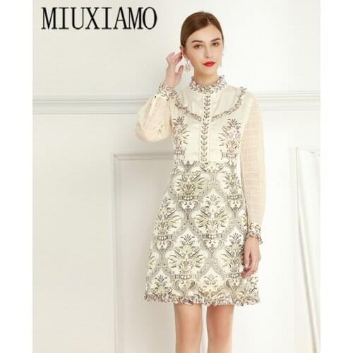 MIUXIMAO 2021Spring Summer Party Dress Lace Ruffles Long sleeve Jacquard Office Lady Casual Dress Women Vestidos