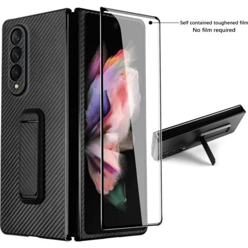 Luxury Carbon Fiber Case For Samsung Galaxy Z Fold 3 With Holder And Front Glass Screen Protector For Samsung Galaxy Z Fold3 5G