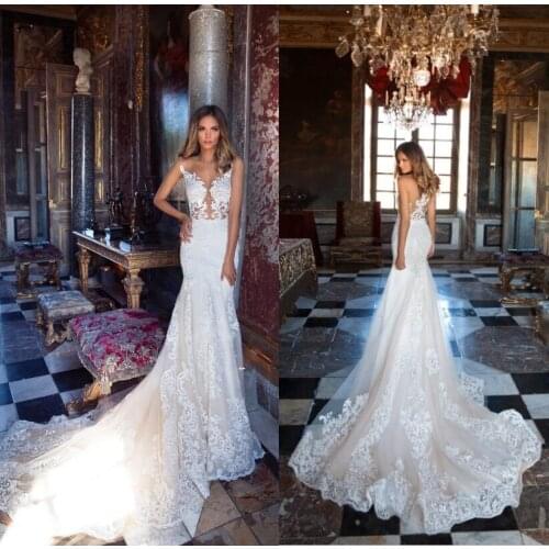 Mermaid Illusion Champagne Formal Bridal Retro Dubai Lace Gorgeous Wedding Gowns