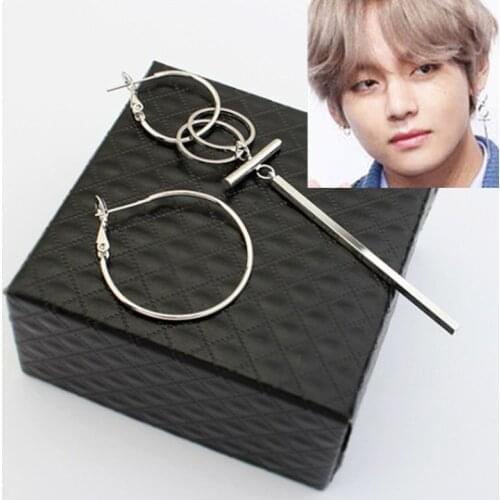 KPOP DNA Korean V Pop Bangtan Boys Album silver color Stud Earrings For Women Vintage Long Men Earrings Geometric hot sell
