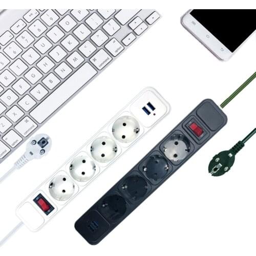 EU Plug Socket Network Filter 2500W 10A Power Board Switch With 2M Extension Cord Surge Protector 4 AC Power Supply 2 USB
