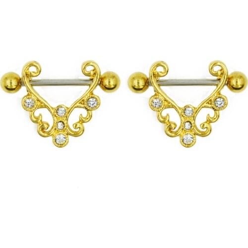 Showlove-2Pcs 14g Olive Wreath Nipple Stirrup Barbell Ring Shield Piercing Jewelry