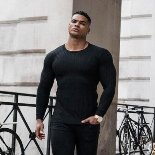 Spring Fashion Mens O-neck Sweaters Elasticity Strips Knitted Pullovers Men Solid Sports Sweaters Male Autumn Slim Fit Knitwear