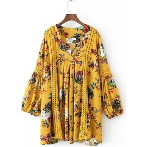 PERHAPS U Yellow White V Neck Hollow Out Lace Floral Flower Print Long Sleeve Lantern Sleeve Mini Short Dress Sexy Loose D0607