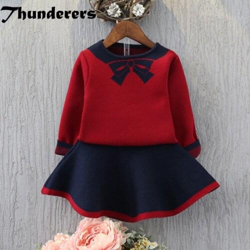 Thunderers Winter Girl 2pcs Outfits Bow Printed Sweater Tops With Skirt Knit Kids Clothing Set Toddler Baby Clothes Set 24M-6Y