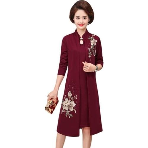 Plus Size 5XL Middle-aged Female Spring and Autumn Elegant Vintage 2 Piece Dress Set embroidery Casual Cardigan Tank Tops Dress
