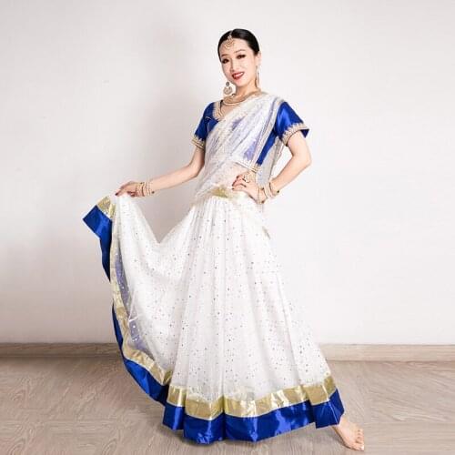 New Indian Dance Performance Costumes Blue White Saree Suit Oriental Traditional Dance Dress Women Belly Dance Clothing DQL5878