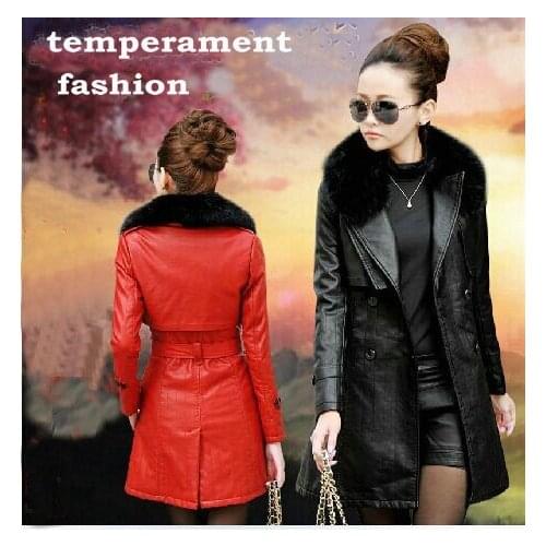 Womens leather trench coat winter warm long coat cultivate ones morality and cotton raccoon fur collar fur coat leather jacket