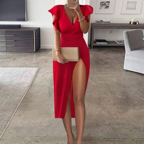 2021 Women Summer Autumn Dress Fly Sleeve Deep-V High Slit Dress Chic Sleeveless Bodycon Plain Party Long Dresses