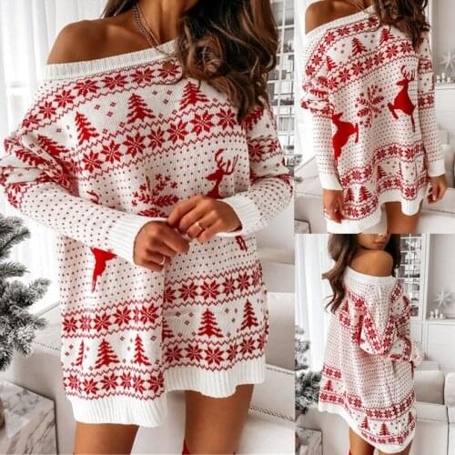 2021 Women Christmas Sweater Dress Autumn Winter Long Sleeve Off Shoulder Kniteed Casual Pullover Oversized Fashion Jumper