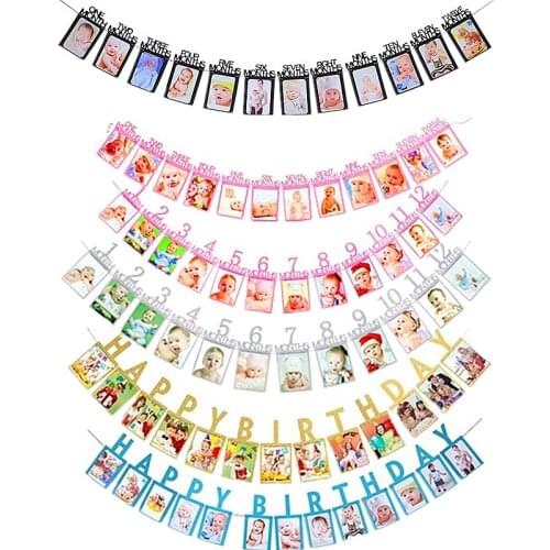 1set First Birthday Banners 12 Months Photo Bunting Baby Shower Paper Garland Boy Girl 1st Birthday Party Decorations Photo Wall