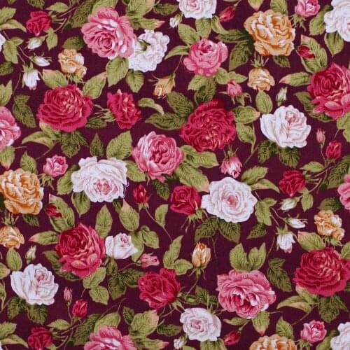 1 yard Cotton Poplin Fabric for sewing pathwork, dress, cloth, bedding - Flowers on deep purple background (width=140cm)