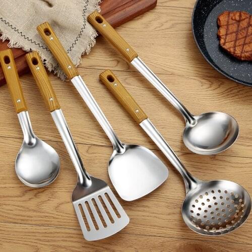 5pcs Wood Grain Handle Stainless Steel Spatula Soup Spoon Frying Shovel Colander Kitchen Utensils Household Cooking Set