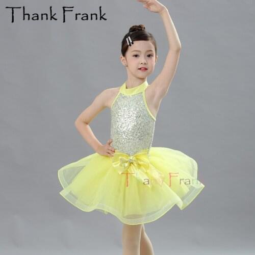Halter Ballet Dress For Kids Girls Sequin Princess Child Costume Dance Dresses Adult Yellow Bow Ballerina Dance Costumes C590