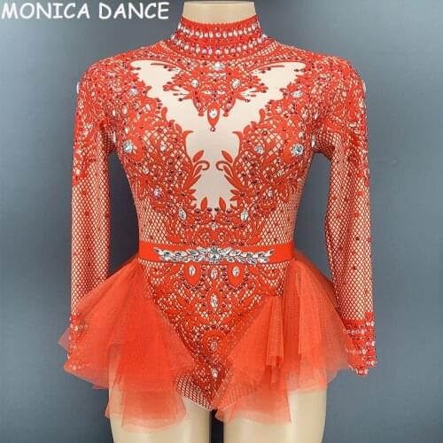 Red Silver Rhinestone Long Sleeve Bodysuit Birthday Celebrate Prom Outfit Women Dancer Singer Performance Show Stage Bodysuit