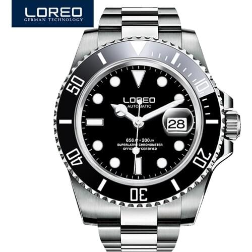 LOREO Sapphire Automatic Mechanical Watch Men silver Stainless steel waterproof Watch relogio feminine