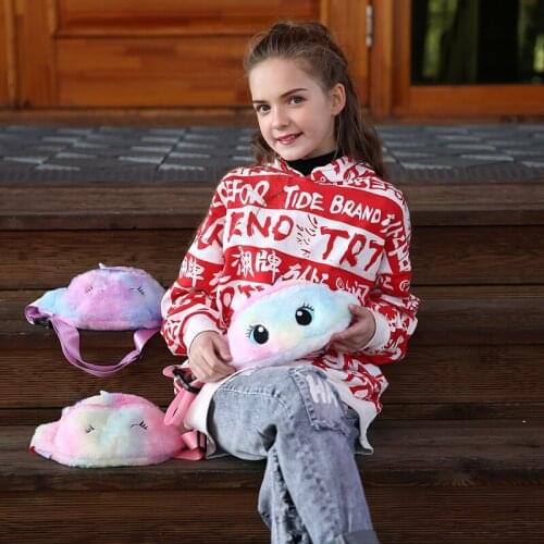 Baby Fox Fur Slippers Unicorn Tote Bag Set Fluffy Real Fox Fur Slippers Cute Cartoon Kids Furry Fanny Pack Furry Baby Shoes