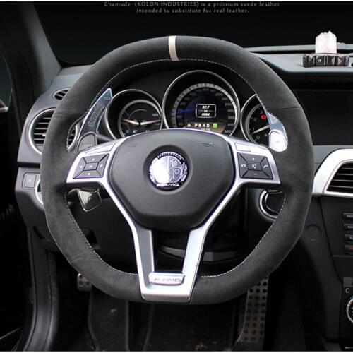 For Benz C63 AMG CLA45 CLS63 ML63 GLE63 Hand-Stitched Anti-Slip Black Suede DIY Steering Wheel Cover