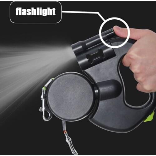 Double Retractable Dog Leashes 3m with Flashlight Poop Bag Pet Telescopic Nylon Extending Lead Walking Traction Rope Service Dog