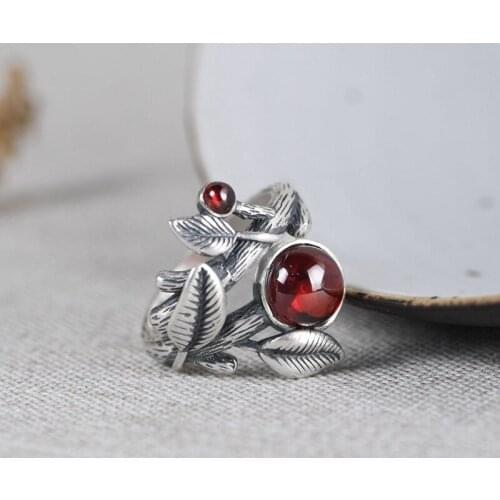 FNJ Leaf Ring 990 Silver Adjustable Size 100% Original Real S990 Solid Silver Rings for Women Jewelry Red Zircon