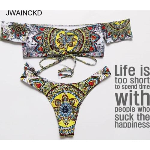 JWAINCKD Off Shoulder Bikini Set Push Up Padded Bra Biquini Strap Warp String Swimsuit Female Swimwear Women Retro Swimming Suit