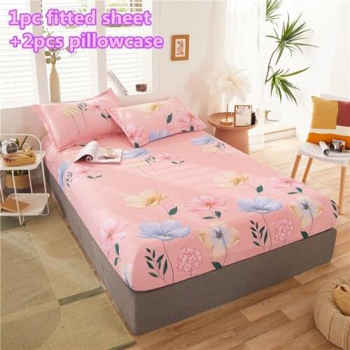 100%cotton Fitted Sheet Set Good Quality Elastic Bed Sheet Cartoon Flowers Blue Bedding Twin Full Queen King Size Bedclothes