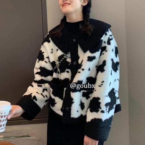 New Women Loose Cow Print Jacket Korean Long-sleeved Turn Down Collar Single-breasted Fur Coat Women Outerwear & Coats