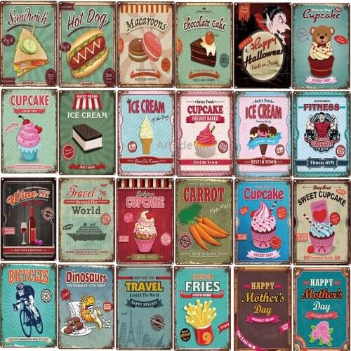 Metal Poster Cupcake Hot Dog Retro Plaque Bicycle Metal Tin Signs Food Poster Wine Menu For Bar Kicken Home Wall Decor