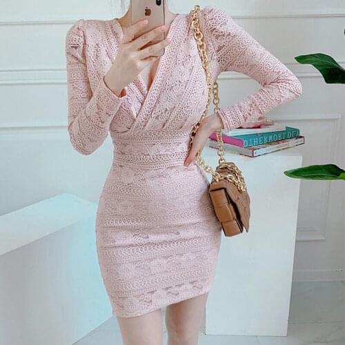 New arrival fashion spring autumn party night club dress women elegant temperament ladies sweet lace v-neck bodycon mini dress