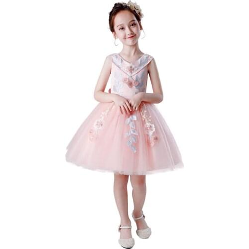 New Girls Dresses Kids 3D Flower Applique Bodice Tulle Party Wedding Dress Girls Graduation Ball Gown