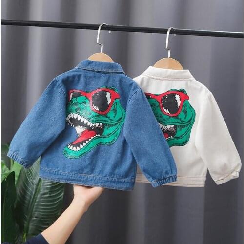 Autumn Causal Baby Boys Jacket Outfits 0-4Y Solid Denim Back Dinosaur Printed Long Sleeve Single Breasted Coat