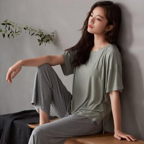 Modal Cotton Pajamas Womens Set 2021 Summer Sleepwear Short Sleeve Trousers Nightwear Cool Elastic Home Suit Lounge Wear