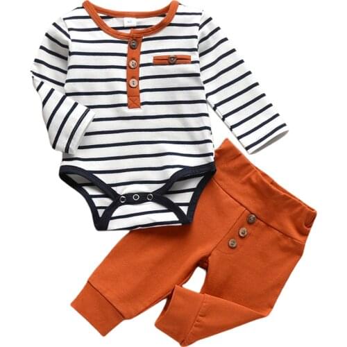 Infant Baby Boys Girls Simple Long Sleeves Round Collar Cardigan Striped Print Jacket + Trousers 2Pcs Instagramable Set 0-18M