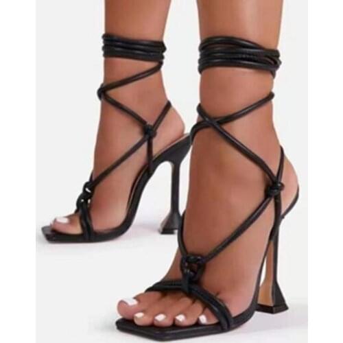 Moraima Snc Summer High Heel Shoes Square Toe Super High Summer Shoes Lace-up Sandal Sexy Gladiator Pumps White Brown