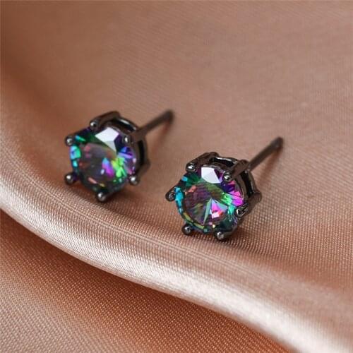 Punk Male Female Rainbow Crystal Stud Earrings Black Gold Silver Color Wedding Earrings For Women Men Charm Round Zircon Earring