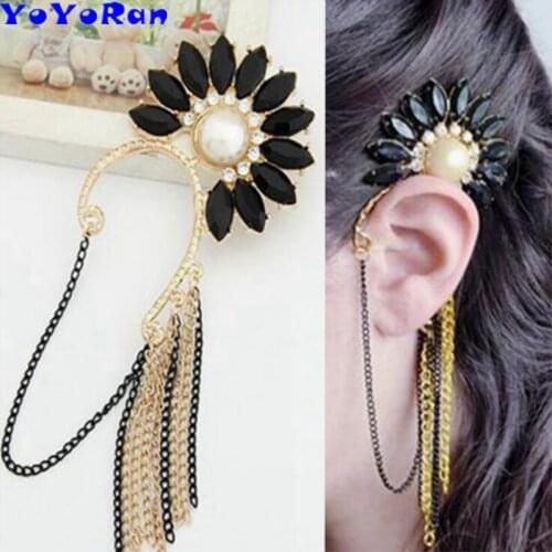 2piece crystal sunflower tassel chain ear cuff clip earrings woman rock punk single rhinestone flower chain ear hang jewelry