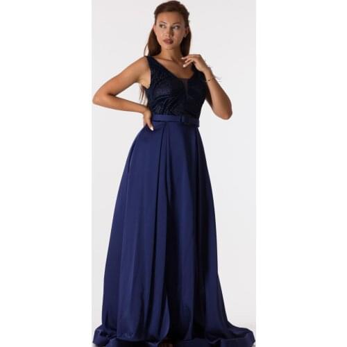 SHECCA (63040) Blue slit dress blue purple black belted lace evening gown with feather detail on shoulder