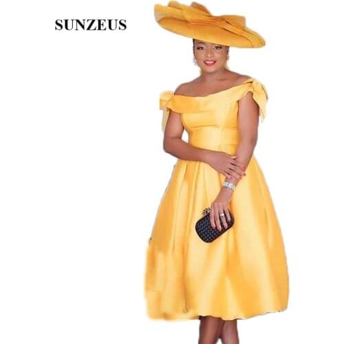 Boat Neck Off the Shoulder Evening Dresses Gold Satin Tea-Length African Women Formal Dresses Shoulder Bow Cute Prom Gowns SE22