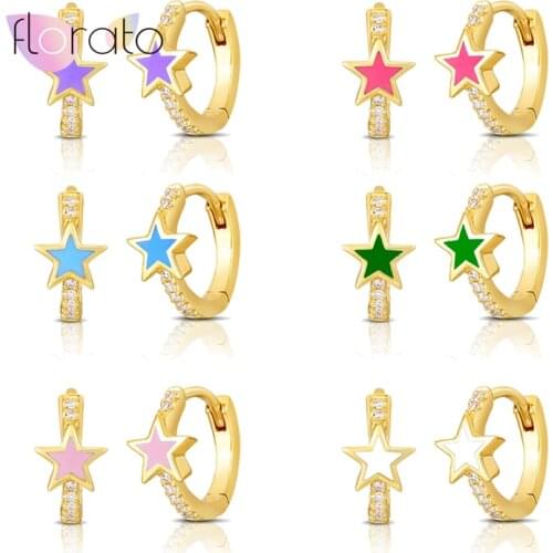 925 Sterling Silver Ear Needle Star Hoop Earrings Shiny Inlaid Micro Cubic Zirconia Enamel Earrings For Women Party Gift