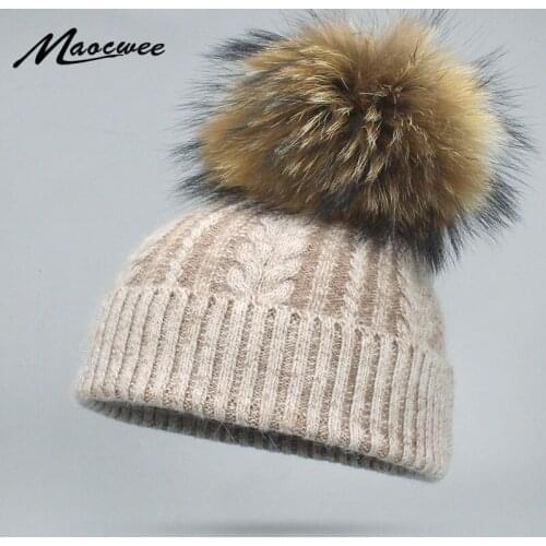 Warm Natural Raccoon Fur Hats for Women Knitted Braid Rabbit Beanie Female Caps Pompon Headgear Winter Girl Lady Skullies Hats